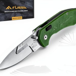 FLISSA Replaceable Blade Folding Knife, 3-in-1 Pocket Hunting Knives, Liner Lock Knife for Hunting, Skinning & Field Dressing, Green G10 Handle, Includes 16 Blades-0